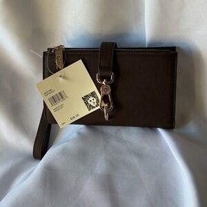 Anne Klein Espresso Wristlet Wallet NWT MSRP $38 Saffiano Gold Hardware